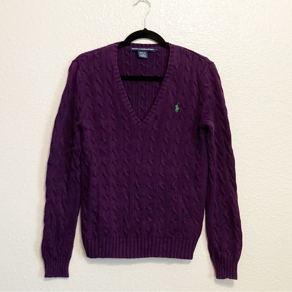 Polo Ralph Lauren Purple Cable V Neck Sweater L - Picture 3 of 11